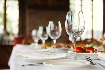 Serving table prepared for event party or wedding. Soft focus, s