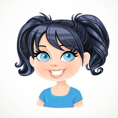 Beautiful brunette girl with black straight hair gathered in two