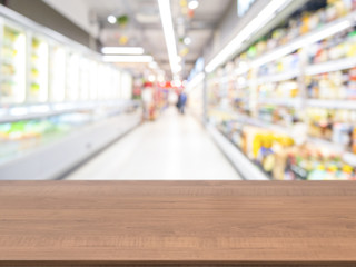 Abstract blurred supermarket aisle with colorful shelves and unr