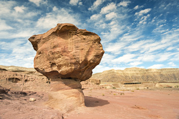 Fototapeta na wymiar Geological formations in nature desert park of Timna, it is located 25 km north of Eilat (Israel), it combines beautiful scenery with unique geology, variety of sport and family activities