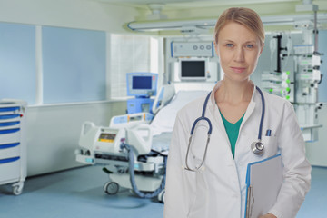 Health care and medical concept. Portrait an unknown female doctor with a stethoscope in hospital background.