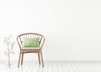 Vertical interior mock up with empty wooden frame and blooming twig on wooden wall background. 3D rendering.