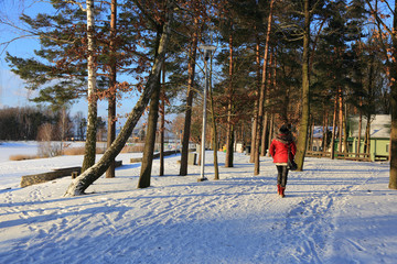 Kobieta na spacerze w parku zimą. - obrazy, fototapety, plakaty