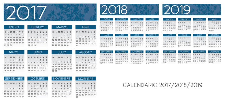 Spanish textured blue calendar vector year 2017-2018-2019