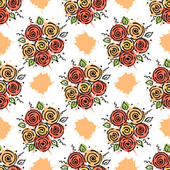Vector seamless floral pattern with flowers, leaves, decorative elements, splash, blots, drop Hand drawn contour lines and strokes Doodle sketch style, graphic vector drawing illustration