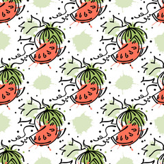 Vector fruits seamless pattern. Watermelon with leaves, decorative elements, blots, drops, splash Hand drawn contour lines and strokes Doodle sketch style, graphic vector drawing illustration