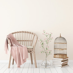 Neutral interior mockup with wicker chair, plaid and plant in vase on empty wall background. 3D rendering.