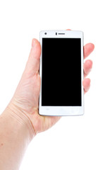adult man holding a mobile phone on a white background