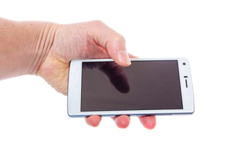 finger men regard the smartphone screen on a white background