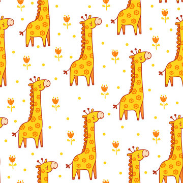 Vector seamless illustration with giraffes. The animal in the childrens style. Giraffe blinked.