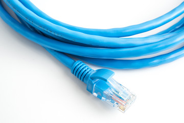 network UTP cable with RJ45 connector isolated on white. Telecommunication networking computer connection equipment.
