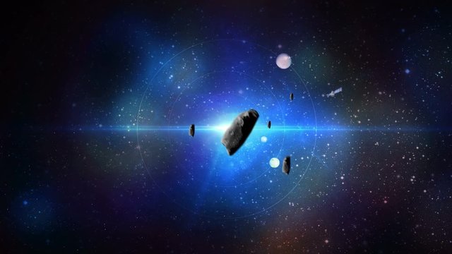 3D flying asteroids in space