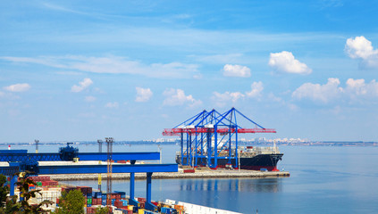 Sea Port in Odessa, Ukraine, 2016. Hoisting crane and ship