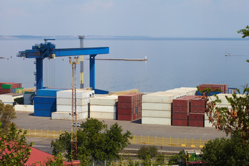 Sea Port in Odessa, Ukraine, 2016. Hoisting crane and ship