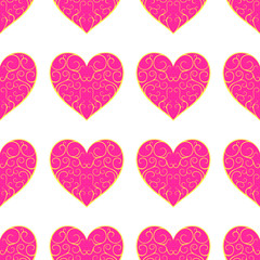 Fototapeta na wymiar The pattern of beautiful pink openwork hearts on a white backgro