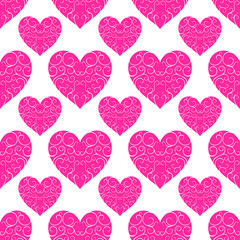 Fototapeta na wymiar The pattern of beautiful pink openwork hearts on a white backgro