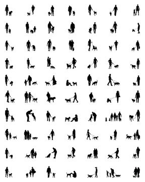 Black silhouettes of people with dog, vector