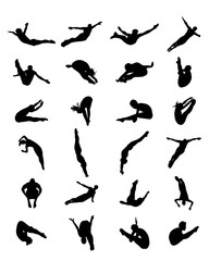Black silhouettes of jumping people into the water, vector