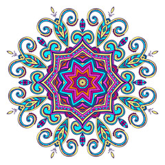 Vector hand-drawn oriental mandala, ethnic doodle mandala with colorful ornament, isolated decorative template, Islam, Arabic, Indian, ottoman motifs, EPS 10