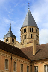 Le clocher de l'Eau Bénite et le Clocher de l'Horloge. Abbaye de Cluny. Fondée en 909 ou 910. France. / The bell tower of Holy Water and Tower Clock. Cluny Abbey. Cluny was founded in 910. France.