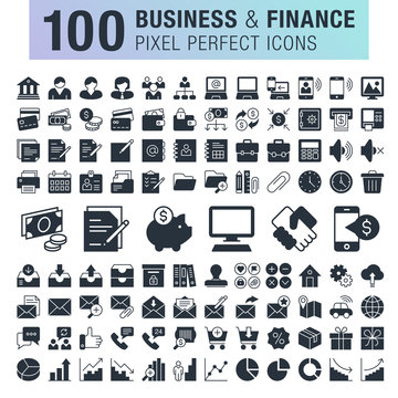 Set of 100 pixel perfect business and finance icons for mobile apps and web design. 
