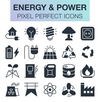 Set of pixel perfect energy and power icons for mobile apps and web design. 