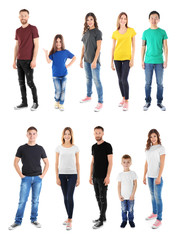 Obraz premium Young people wearing different t-shirts on white background