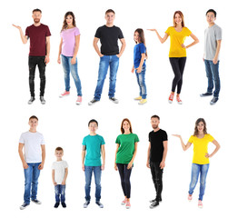 Obraz premium Young people wearing different t-shirts on white background