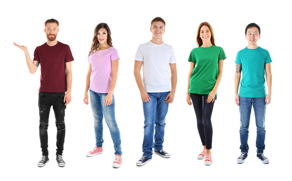 Young People Wearing Different T-shirts On White Background