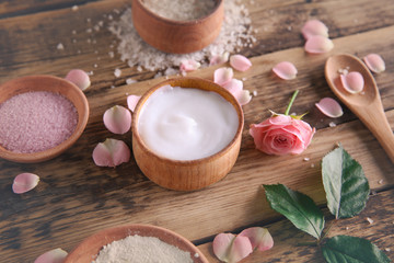 Natural ingredients for homemade cosmetics on wooden background