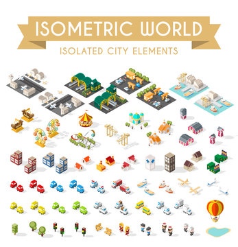 Isometric World on White Background. Set of Isolated Minimal City Elements.