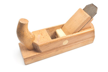 Plane old wooden jointer tool isolated on white