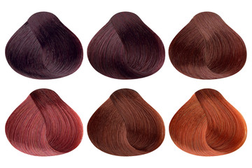 Set of locks of six different red hair color samples (burgund, dark morello, red coral, garnet,...