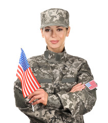 Female soldier with USA flag on white background