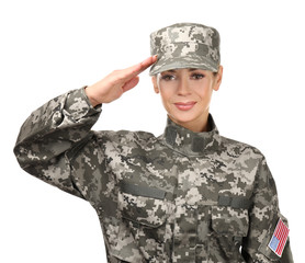 Female soldier saluting on white background