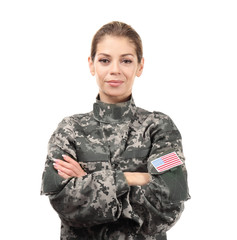 Beautiful woman in camouflage on white background