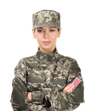 Beautiful woman in camouflage on white background