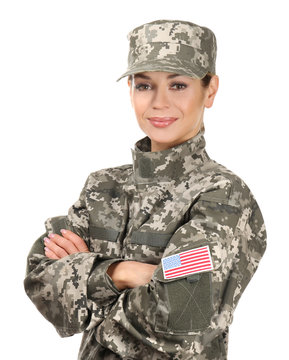 Beautiful woman in camouflage on white background