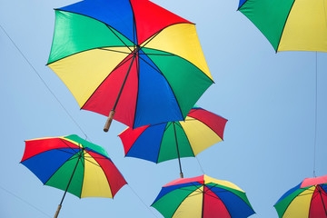 Colorful umbrellas background, Colorful umbrellas in the sky.