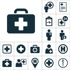 medical briefcase icon, medical signs set on white background
