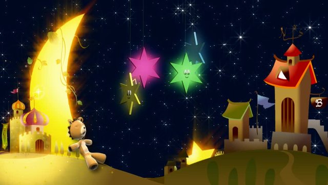 3D cartoon kid's fantasy background of a sleepy town with cute lion teddy bear, moon and spinning stars