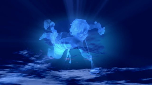 Motion graphics religious background with a glowing blue angel kid overlay over clouds