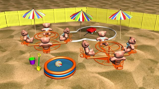3D summer beach background with teddy bears spinning on a children's playground