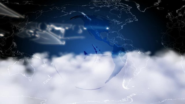 3D planes flying over clouds background with an Earth globe spinning and world map overlays