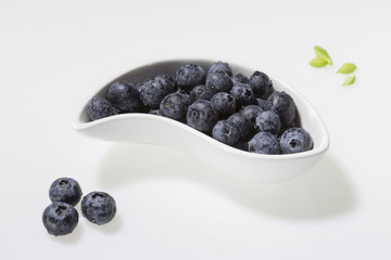 Schale mit Heidelbeeren vor weissem  Hintergrund