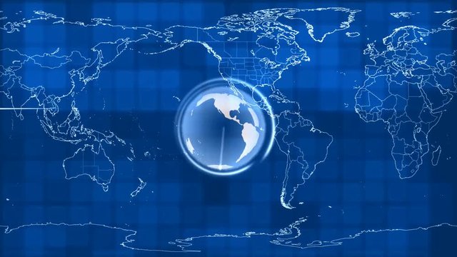 Motion graphics of a world map and a 3D world globe with radar