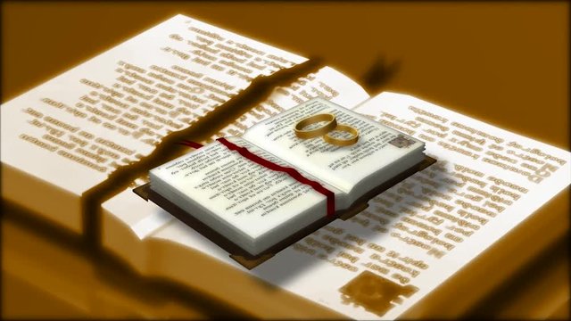 3D open bible book rotating with wedding rings