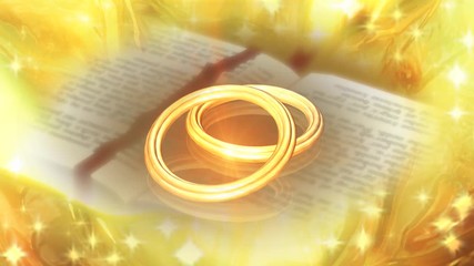 3D rotating golden wedding rings over an open bible book with sparkly stars