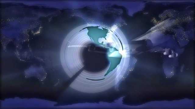 Animated map and Earth globe rotating with 3D airplane overlay