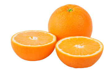 whole orange and two cut halves isolated on white background